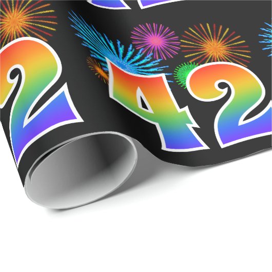 Fun Fireworks + Rainbow Pattern "42" Event Number Cadeaupapier (Rol Hoek)