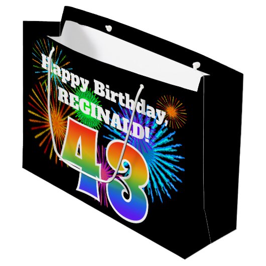 Fun Fireworks + Rainbow Pattern "43" Birthday # Groot Cadeauzakje (Voorkant Gekanteld)