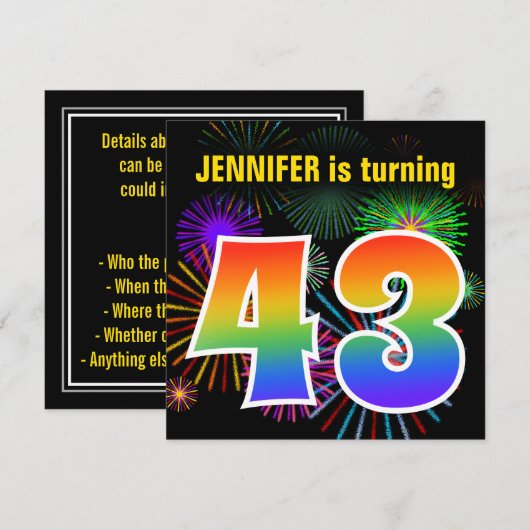 Fun Fireworks + Rainbow Pattern "43" Birthday # Kaart (Voorkant / Achterkant)
