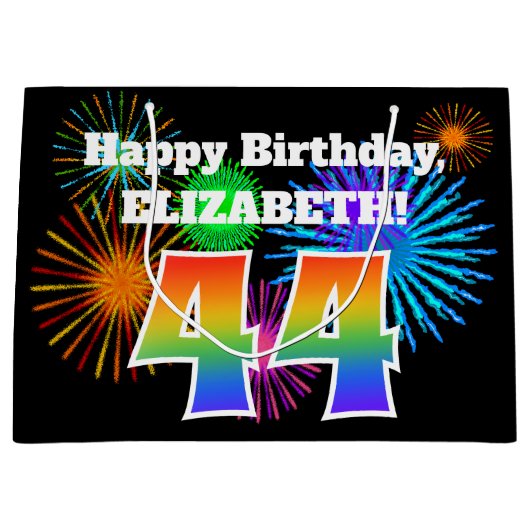 Fun Fireworks + Rainbow Pattern "44" Birthday # Groot Cadeauzakje (Voorkant)
