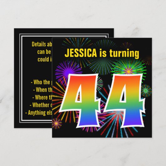 Fun Fireworks + Rainbow Pattern "44" Birthday # Kaart (Voorkant / Achterkant)