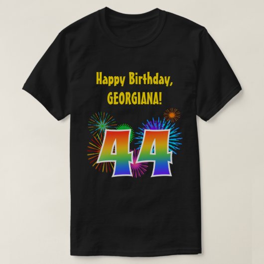 Fun Fireworks + Rainbow Pattern "44" Birthday # T-shirt (Design voorkant)