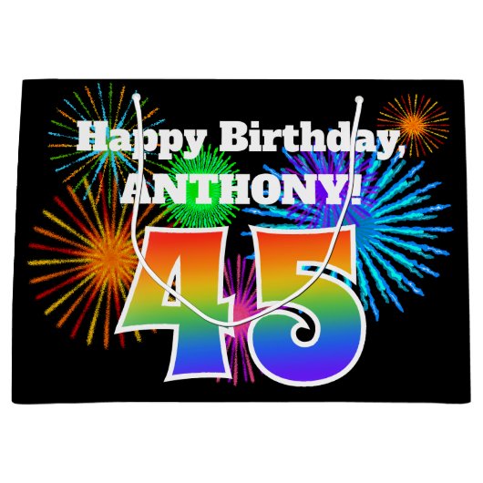 Fun Fireworks + Rainbow Pattern "45" Birthday # Groot Cadeauzakje (Voorkant)