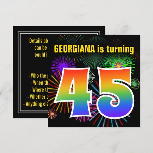 Fun Fireworks + Rainbow Pattern "45" Birthday # Kaart (Voorkant / Achterkant)