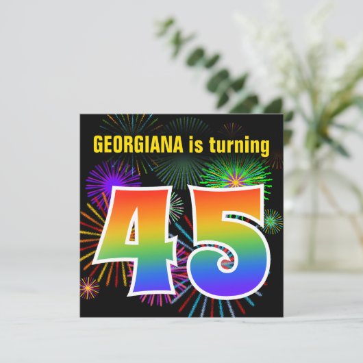 Fun Fireworks + Rainbow Pattern "45" Birthday # Kaart (Staand voorkant)