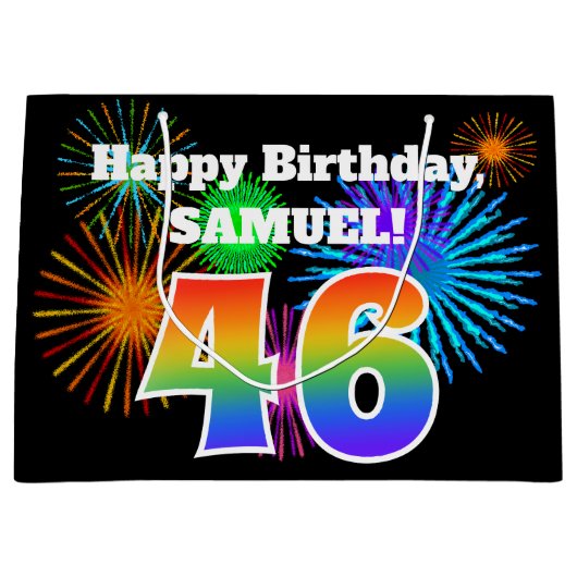 Fun Fireworks + Rainbow Pattern "46" Birthday # Groot Cadeauzakje (Voorkant)