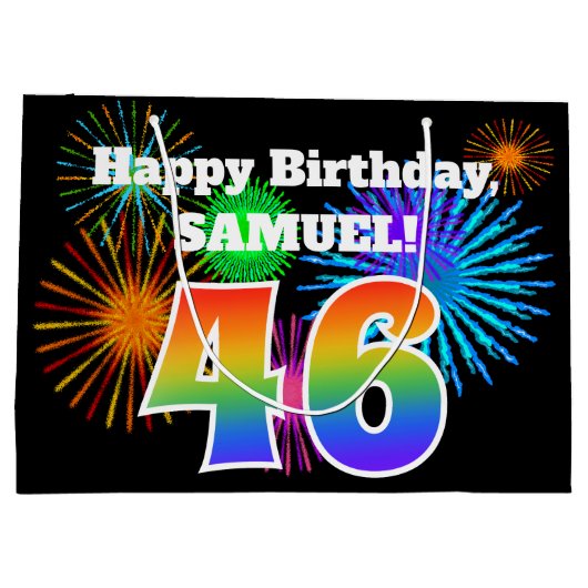 Fun Fireworks + Rainbow Pattern "46" Birthday # Groot Cadeauzakje (Achterkant)