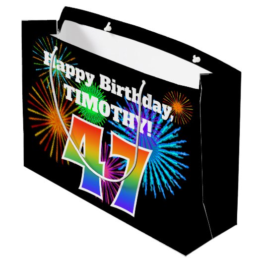 Fun Fireworks + Rainbow Pattern "47" Birthday # Groot Cadeauzakje (Achterkant Gekanteld)