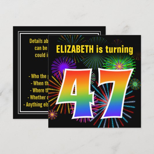 Fun Fireworks + Rainbow Pattern "47" Birthday # Kaart (Voorkant / Achterkant)