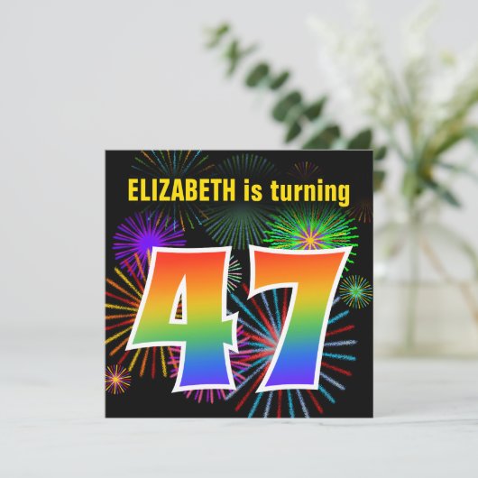 Fun Fireworks + Rainbow Pattern "47" Birthday # Kaart (Staand voorkant)