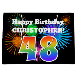 Fun Fireworks + Rainbow Pattern "48" Birthday # Groot Cadeauzakje