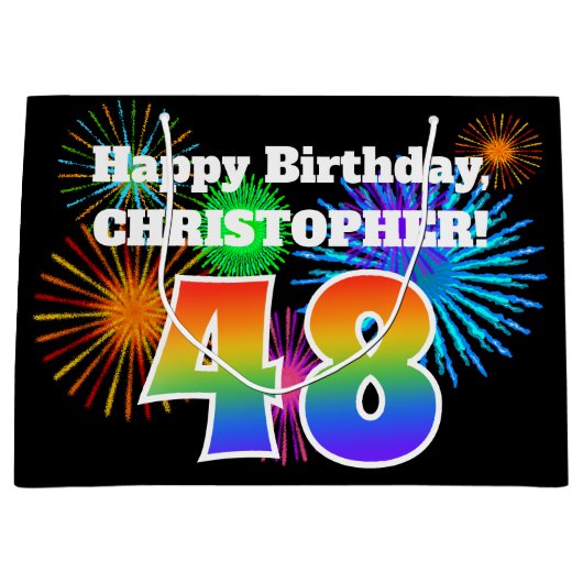 Fun Fireworks + Rainbow Pattern "48" Birthday # Groot Cadeauzakje (Voorkant)