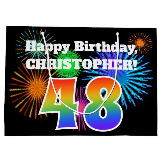 Fun Fireworks + Rainbow Pattern "48" Birthday # Groot Cadeauzakje (Achterkant)