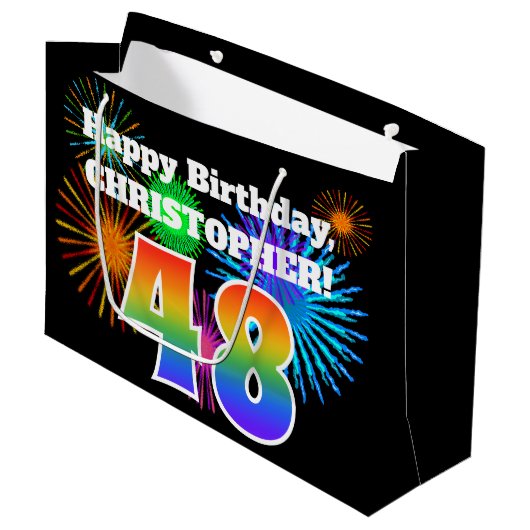 Fun Fireworks + Rainbow Pattern "48" Birthday # Groot Cadeauzakje (Voorkant Gekanteld)