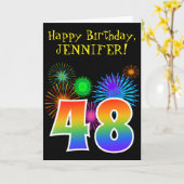 Fun Fireworks + Rainbow Pattern "48" Birthday # Kaart (Gele Bloem)