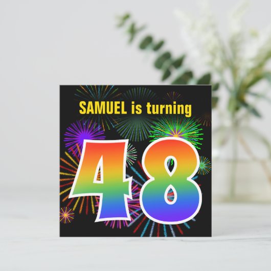 Fun Fireworks + Rainbow Pattern "48" Birthday # Kaart (Staand voorkant)