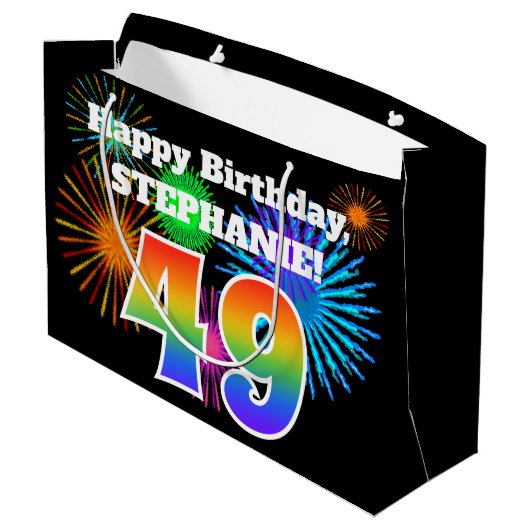 Fun Fireworks + Rainbow Pattern "49" Birthday # Groot Cadeauzakje (Achterkant Gekanteld)
