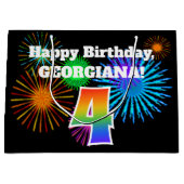 Fun Fireworks + Rainbow Pattern "4" Birthday # Groot Cadeauzakje (Voorkant)