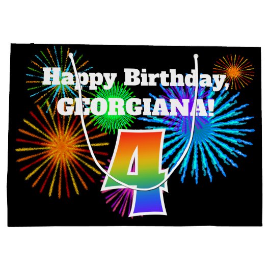 Fun Fireworks + Rainbow Pattern "4" Birthday # Groot Cadeauzakje (Achterkant)