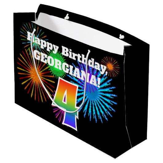 Fun Fireworks + Rainbow Pattern "4" Birthday # Groot Cadeauzakje (Achterkant Gekanteld)