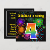 Fun Fireworks + Rainbow Pattern "4" Birthday # Kaart (Voorkant / Achterkant)