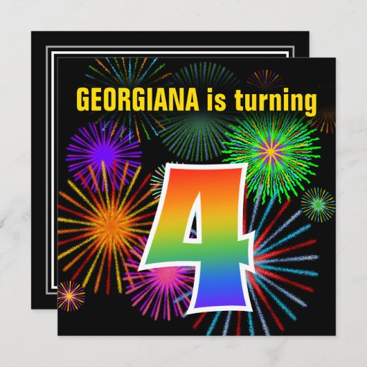 Fun Fireworks + Rainbow Pattern "4" Birthday # Kaart (Voorkant / Achterkant)
