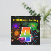 Fun Fireworks + Rainbow Pattern "4" Birthday # Kaart (Staand voorkant)