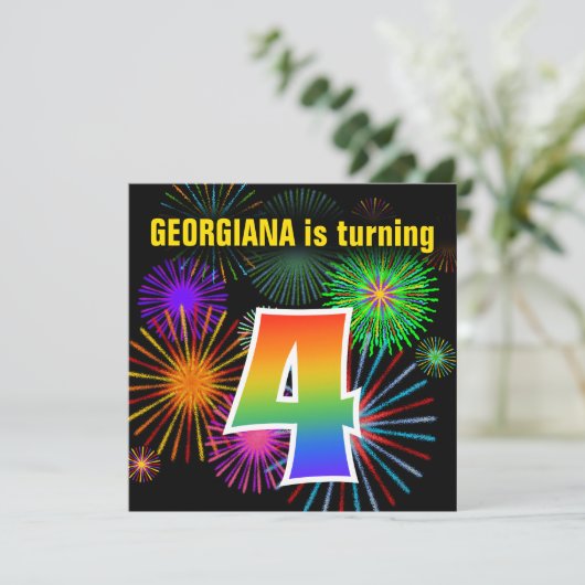 Fun Fireworks + Rainbow Pattern "4" Birthday # Kaart (Staand voorkant)