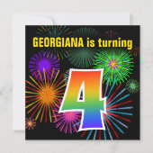 Fun Fireworks + Rainbow Pattern "4" Birthday # Kaart (Voorkant)