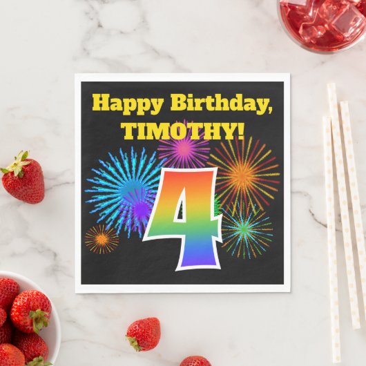 Fun Fireworks + Rainbow Pattern "4" Birthday # Servet (Insitu)