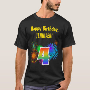 Fun Fireworks + Rainbow Pattern "4" Birthday # T-shirt