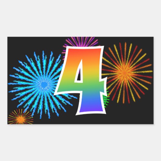 Fun Fireworks + Rainbow Pattern "4" Event Number Rechthoekige Sticker (Voorkant)