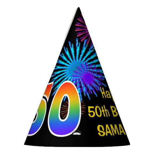 Fun Fireworks + Rainbow Pattern "50" Birthday # Feesthoedjes (Links)