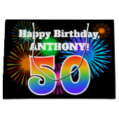 Fun Fireworks + Rainbow Pattern "50" Birthday # Groot Cadeauzakje (Voorkant)