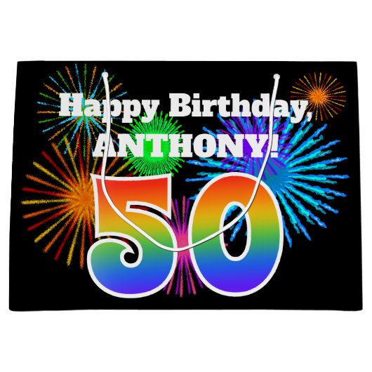 Fun Fireworks + Rainbow Pattern "50" Birthday # Groot Cadeauzakje (Voorkant)