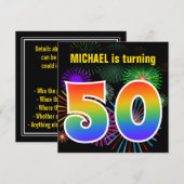 Fun Fireworks + Rainbow Pattern "50" Birthday # Kaart (Voorkant / Achterkant)