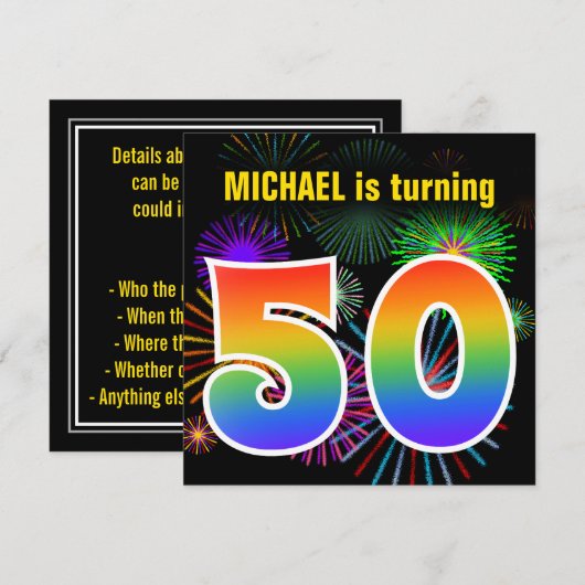 Fun Fireworks + Rainbow Pattern "50" Birthday # Kaart (Voorkant / Achterkant)