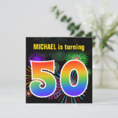 Fun Fireworks + Rainbow Pattern "50" Birthday # Kaart (Staand voorkant)
