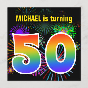 Fun Fireworks + Rainbow Pattern "50" Birthday # Kaart