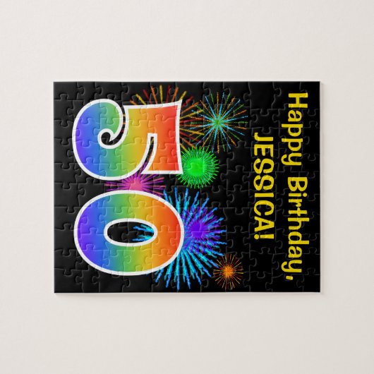 Fun Fireworks + Rainbow Pattern "50" Birthday # Legpuzzel (Horizontaal)