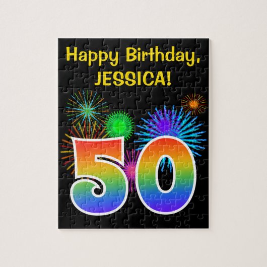 Fun Fireworks + Rainbow Pattern "50" Birthday # Legpuzzel (Verticaal)