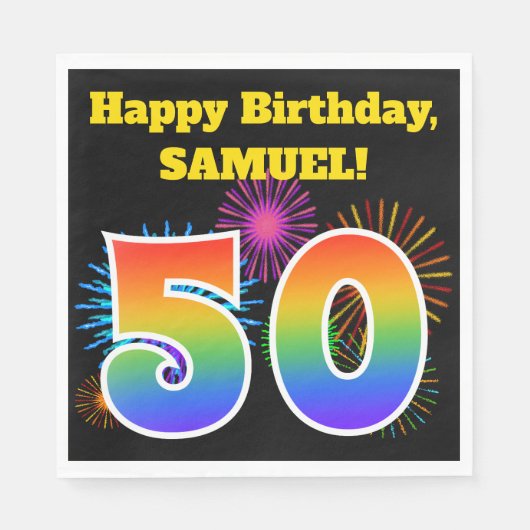 Fun Fireworks + Rainbow Pattern "50" Birthday # Servet (Voorkant)