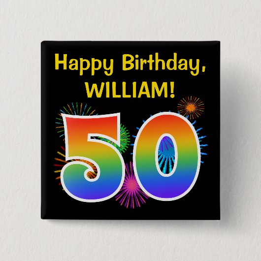 Fun Fireworks + Rainbow Pattern "50" Birthday # Vierkante Button 5,1 Cm (Voorkant)