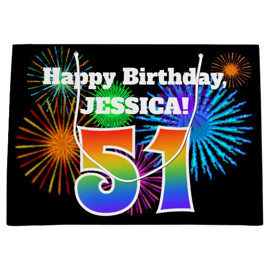 Fun Fireworks + Rainbow Pattern "51" Birthday # Groot Cadeauzakje (Voorkant)