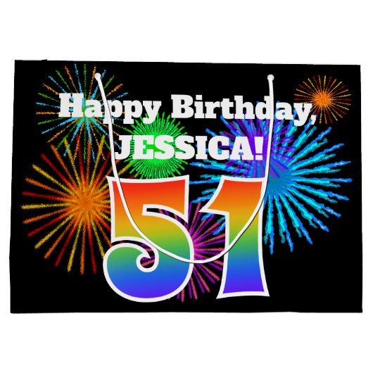 Fun Fireworks + Rainbow Pattern "51" Birthday # Groot Cadeauzakje (Achterkant)