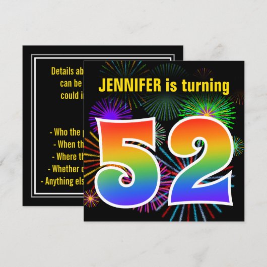 Fun Fireworks + Rainbow Pattern "52" Birthday # Kaart (Voorkant / Achterkant)