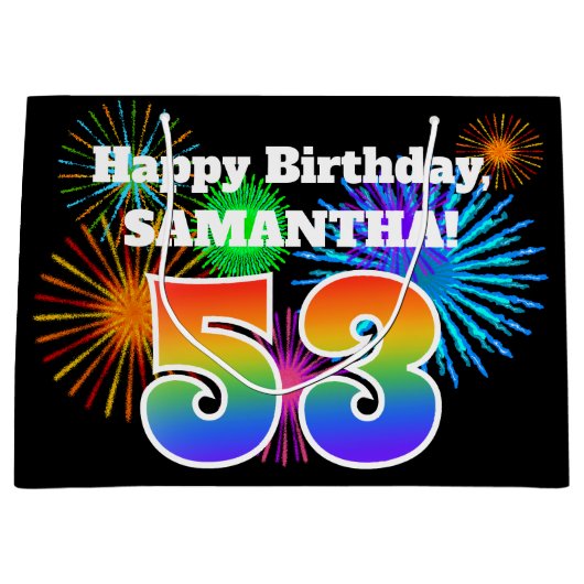 Fun Fireworks + Rainbow Pattern "53" Birthday # Groot Cadeauzakje (Voorkant)