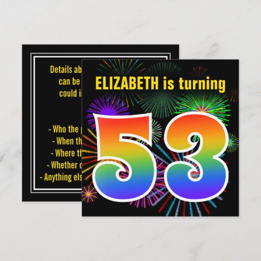 Fun Fireworks + Rainbow Pattern "53" Birthday # Kaart (Voorkant / Achterkant)