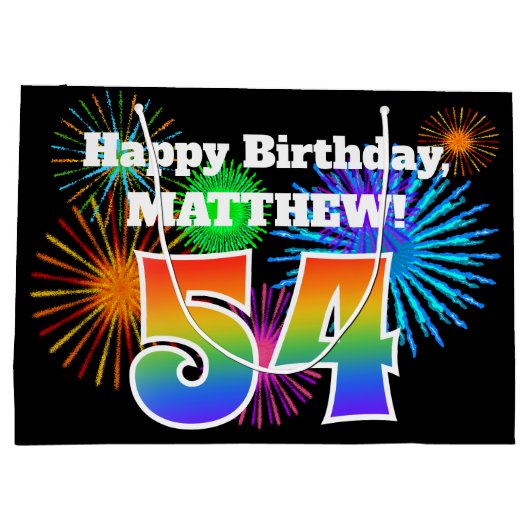 Fun Fireworks + Rainbow Pattern "54" Birthday # Groot Cadeauzakje (Achterkant)