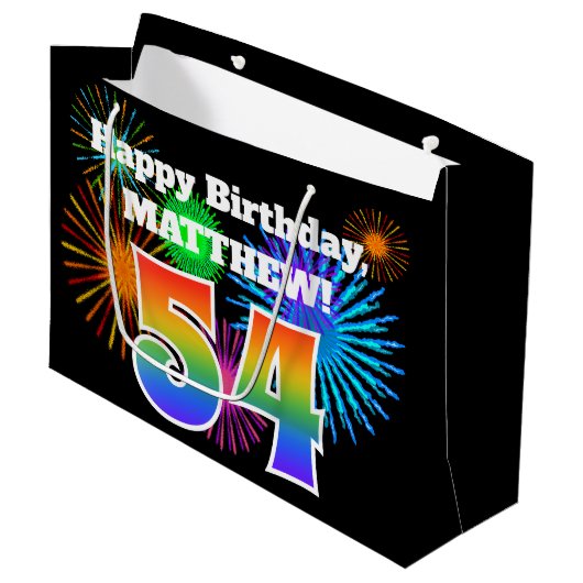 Fun Fireworks + Rainbow Pattern "54" Birthday # Groot Cadeauzakje (Voorkant Gekanteld)